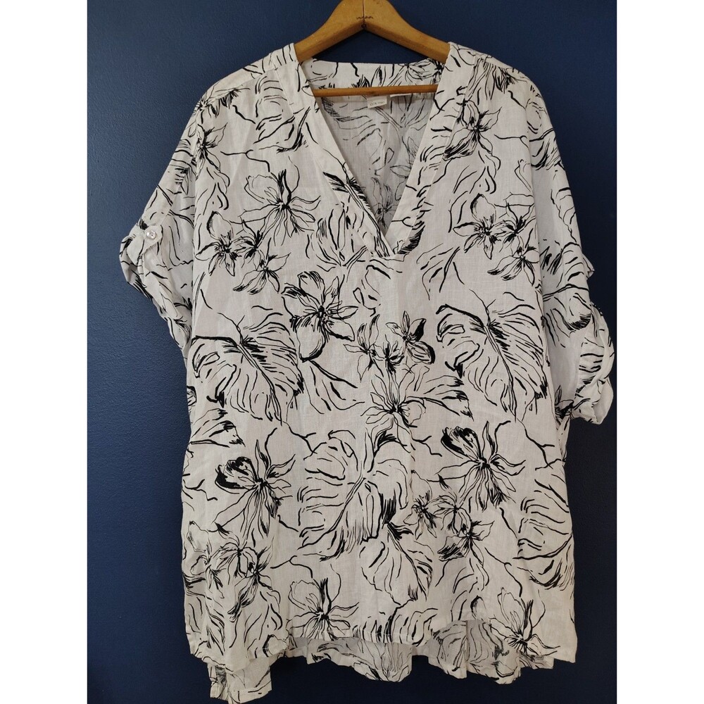 Joie 100% Linen Top Black White Floral Short Sleeve High Low Hem Top Blouse 2XL